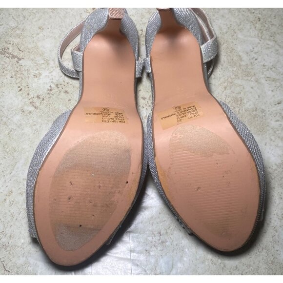 Silver Rhinestone Embellished High Showgirl Heel Sandals Ankle Strap Peep Toe - Picture 7 of 10